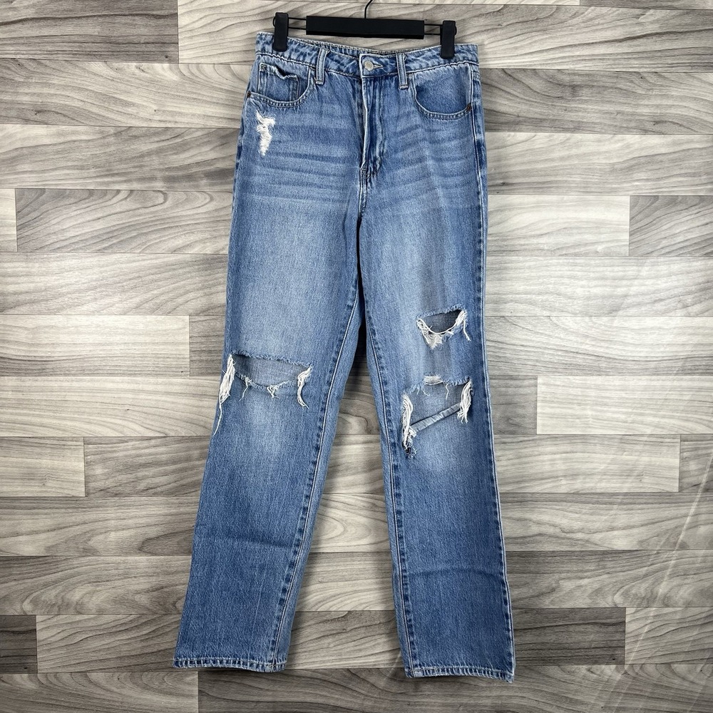 Cello Jeans Womens Junior 3 Blue Ripped Distressed Straight Leg Jeans Light Wash